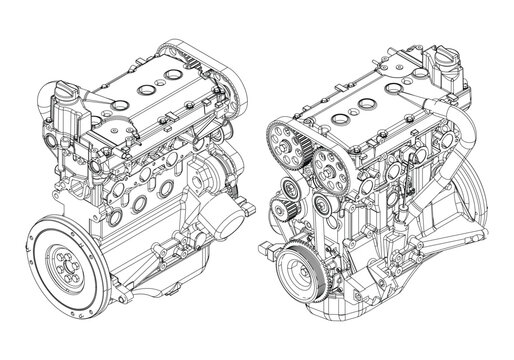 Engine Illustration Set. Car, Motorcycle, Electric Motor, and Rocket Engine for Science and Engineering Projects