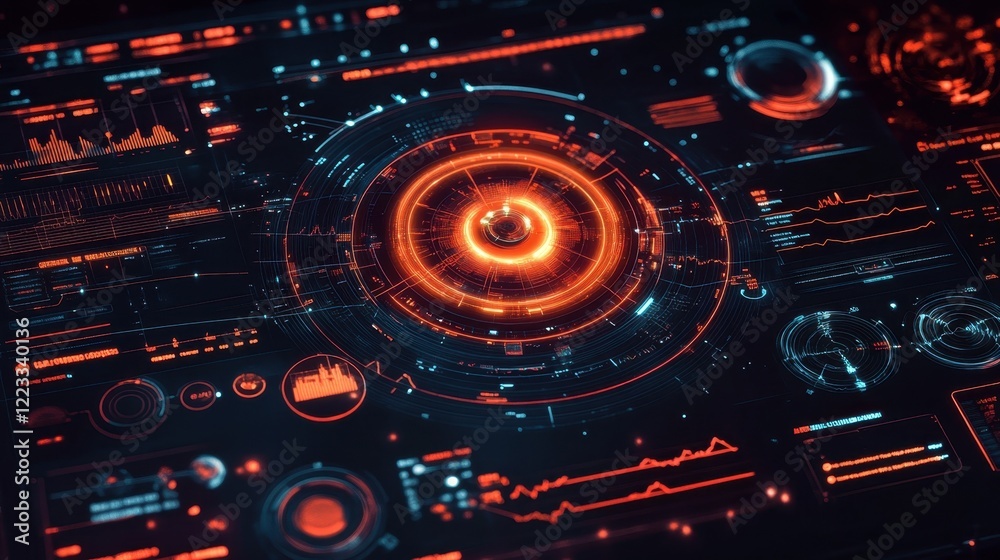 Poster futuristic heads up display - hud - interface showing complex data analysis and information processi