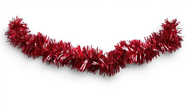Traditional Christmas decorations include lush red tinsel and festive ribbon garlands, perfect as realistic holiday decor elements.
