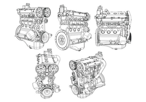 Engine Illustration Set. Car, Motorcycle, Electric Motor, and Rocket Engine for Science and Engineering Projects