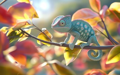 Realistic 3D icon cartoon of a chameleon on a branch, blending into colorful leaves
