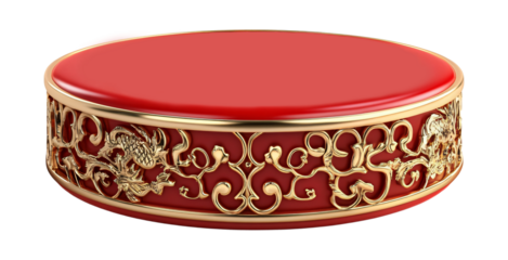Elegant red and gold decorative Chinese lunar new year podium with intricate patterns isolated on transparent background