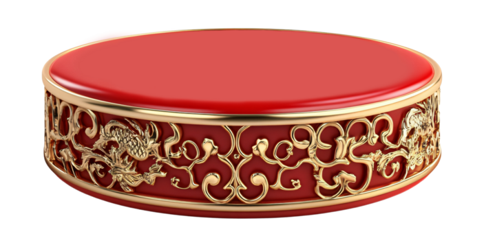 Elegant red and gold decorative Chinese lunar new year podium with intricate patterns isolated on transparent background
