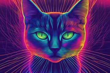 Neon Cat Portrait Vibrant Energy Artistic Lines