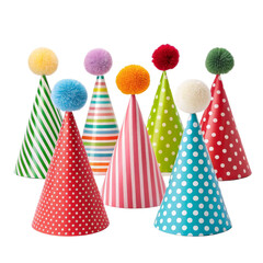 Seven Colorful Party Hats with Pompoms, Isolated on Transparent Background, Birthday, Celebration, Decoration, Party hat, Pompom, Celebration