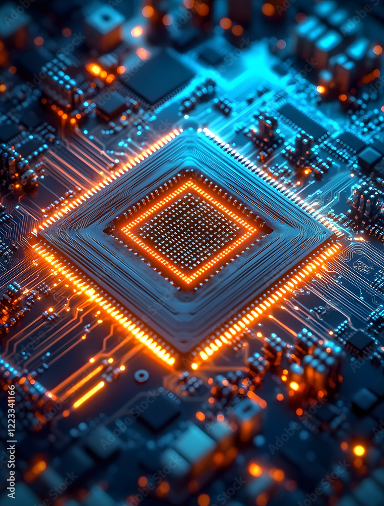 Poster closeup of advanced microprocessor on circuit board with glowing neon lights : generative ai