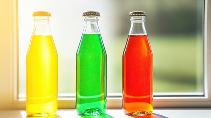 Colorful glass bottles filled with vibrant beverages illuminated by sunlight in a serene setting