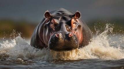Hippopotamus Emerging from Water, Majestic African Wildlife Photography