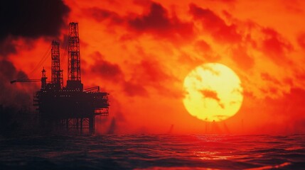 Fototapeta premium Dramatic Sunset Over Oil Rig at Sea