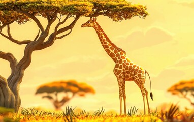 Realistic 3D icon cartoon of a giraffe stretching its neck to reach a tree branch, with an African savanna background