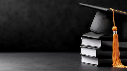 Graduation cap on books; dark background; education concept; website banner
