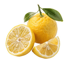Yuzu Citrus Fruit Composition Whole, Half, and Slice Isolated on Transparent Background, yuzu, citrus, food photography, yuzu, lemon, fruit