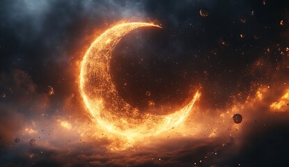 Crescent Moon Enveloped in Flames Against a Starry Background

