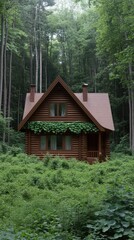 Wooden cabin adorned with lush green vines stands proudly in a farm setting, reflecting minimalist Russian design principles