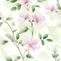 Delicate pink flowers, green leaves, watercolor background; spring floral design
