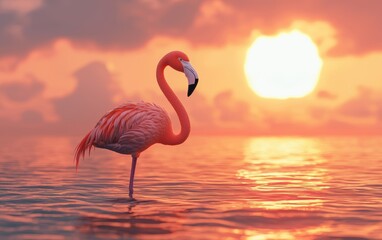 Naklejka premium Realistic 3D icon cartoon of a flamingo standing in water, with a sunset background