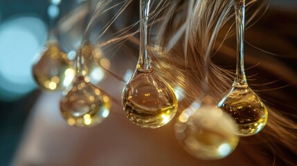 Obraz premium A close-up shot of a woman's hair with drops of unknown substance hanging from it