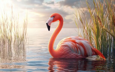Fototapeta premium Realistic 3D icon cartoon flamingo wading in shallow water with tall reeds nearby