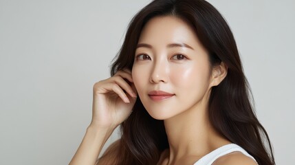 Elegant Asian Woman with Long Hair and Natural Makeup Smiling Softly