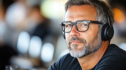 A man wearing headphones and glasses listens to music while seated in a casual environment