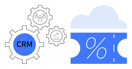 Gears labeled CRM, customer group, and analytics data merge with a cloud-connected discount ticket. Ideal for business solutions, automation, data integration, sales strategy, productivity, customer