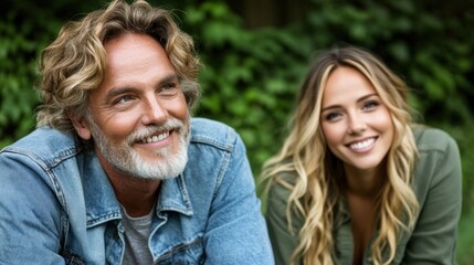 Obraz premium Two people relax outdoors, smiling and enjoying each others company in a natural setting