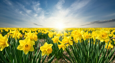 Fototapeta premium Vibrant Daffodil Field at Sunrise with Dramatic Sky in Blooming Spring Landscape