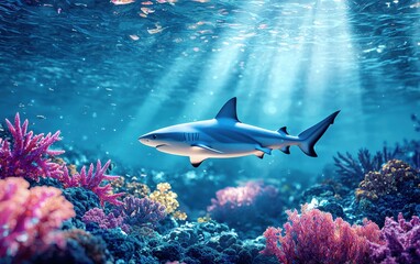 Fototapeta premium Realistic 3D icon cartoon of a shark swimming near a coral reef, with sunlight filtering through the water
