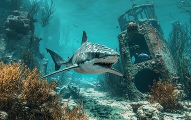 Fototapeta premium Realistic 3D icon cartoon of a shark swimming past an old shipwreck, surrounded by mysterious marine life