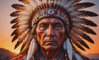 A man wearing a headdress and a beard. He has a serious look on his face. The sun is setting in the background