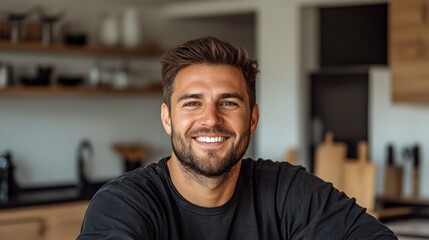 Naklejka premium A young man with short hair and a beard smiles while sitting in a bright modern kitchen