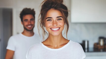 Fototapeta premium Woman smiles brightly while standing in a kitchen with a man happily posing behind her