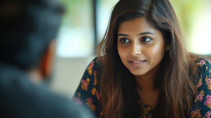 Two people share a meaningful conversation in a bright, inviting space with natural light