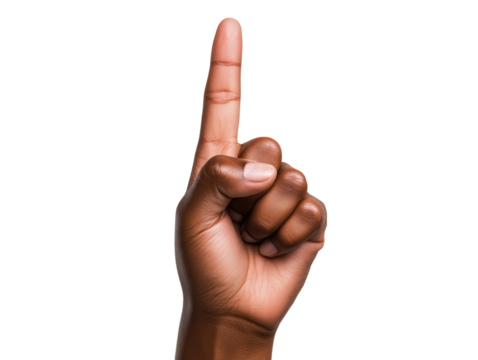 A hand with the index finger raised and pointing upwards, set against a clean, white backdrop.
