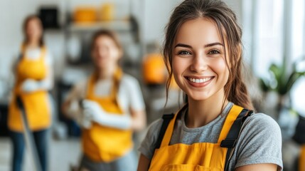 Young woman beams while her colleagues engage in a cooperative task in a sunlit workspace
