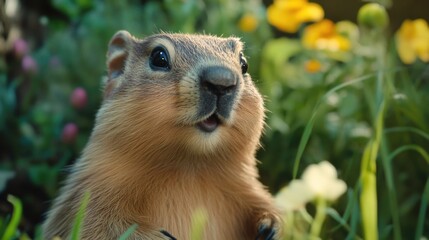 Close-up of a ground squirrel surrounded by colorful flowers