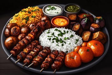 A vibrant halal food platter showcasing grilled skewers, seasoned rice, roasted vegetables, and flavorful dips, garnished with herbs and served with fresh fruits
