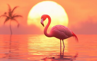 Naklejka premium Realistic 3D icon cartoon of a flamingo standing in water, with a sunset background