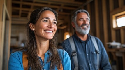 Fototapeta premium Two experienced construction workers share a moment of joy on a job site while wearing safety gear