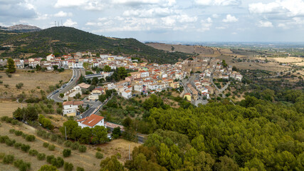 Aerial view of the town of Nova Siri located on a hill in Basilicata, Italy. 