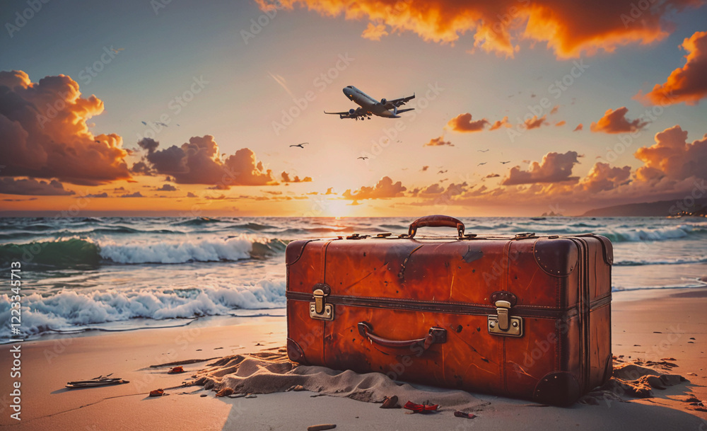 Aufkleber A suitcase is on the beach with the sun setting in the background. The scene is serene and peaceful, with the waves crashing in the background