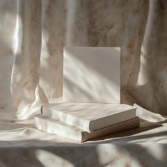 Three books are stacked on top of each other. The books are white and are on a table