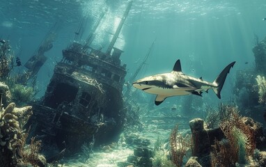 Fototapeta premium Realistic 3D icon cartoon of a shark swimming past an old shipwreck, surrounded by mysterious marine life