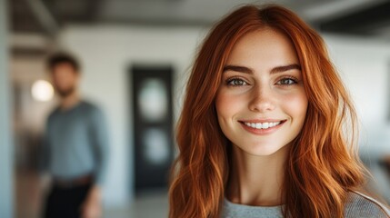 Obraz premium Woman with red hair smiles brightly in a contemporary office environment, exuding confidence and warmth