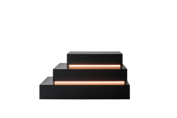 Modern staircase with warm lighting accents. A sleek, black tiered display stand with