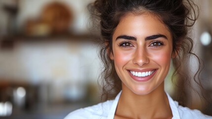 Fototapeta premium A cheerful woman with curly hair smiles warmly while preparing food in a cozy kitchen space