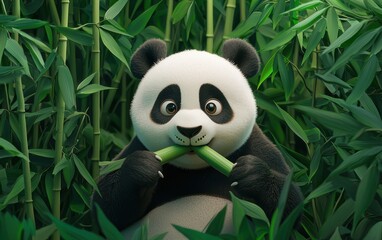 Fototapeta premium Realistic 3D icon cartoon of a panda eating bamboo, surrounded by a lush bamboo forest