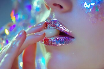 A close-up shot of a woman's face with sparkly glitter on her lips