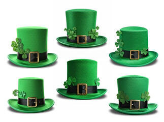 Green Leprechaun Hats with Shamrocks for St. Patrick's Day Celebration on white background