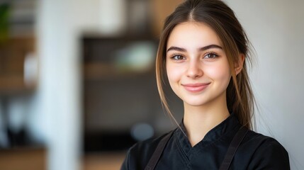 Obraz premium Young chef stands confidently in a contemporary kitchen, exuding warmth and approachability
